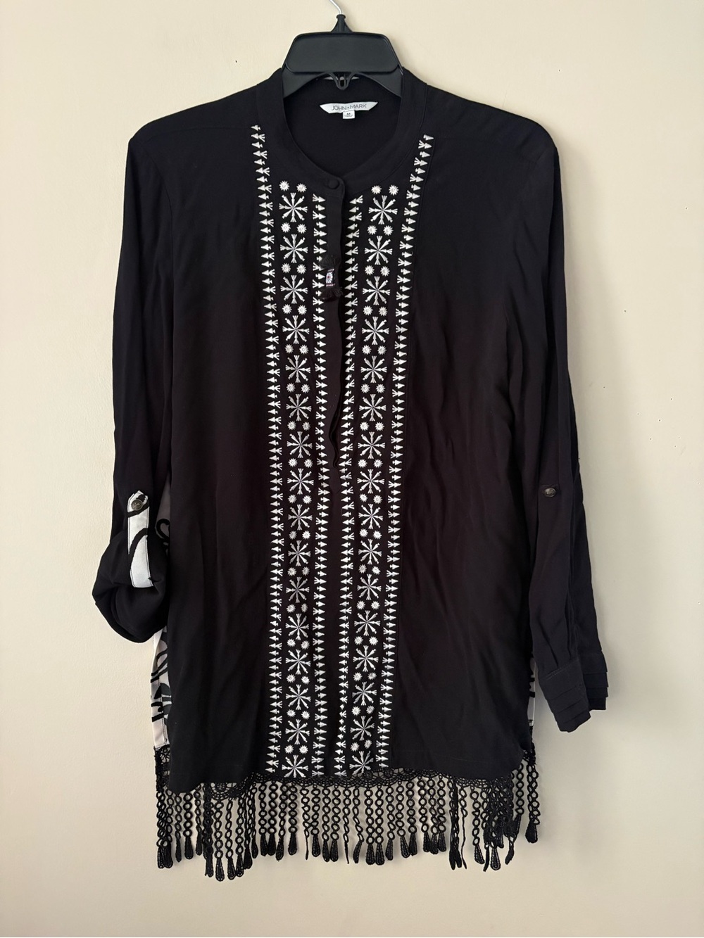John Mark Black Tunic Top with White Embroidered Front and Fringe Sz. M